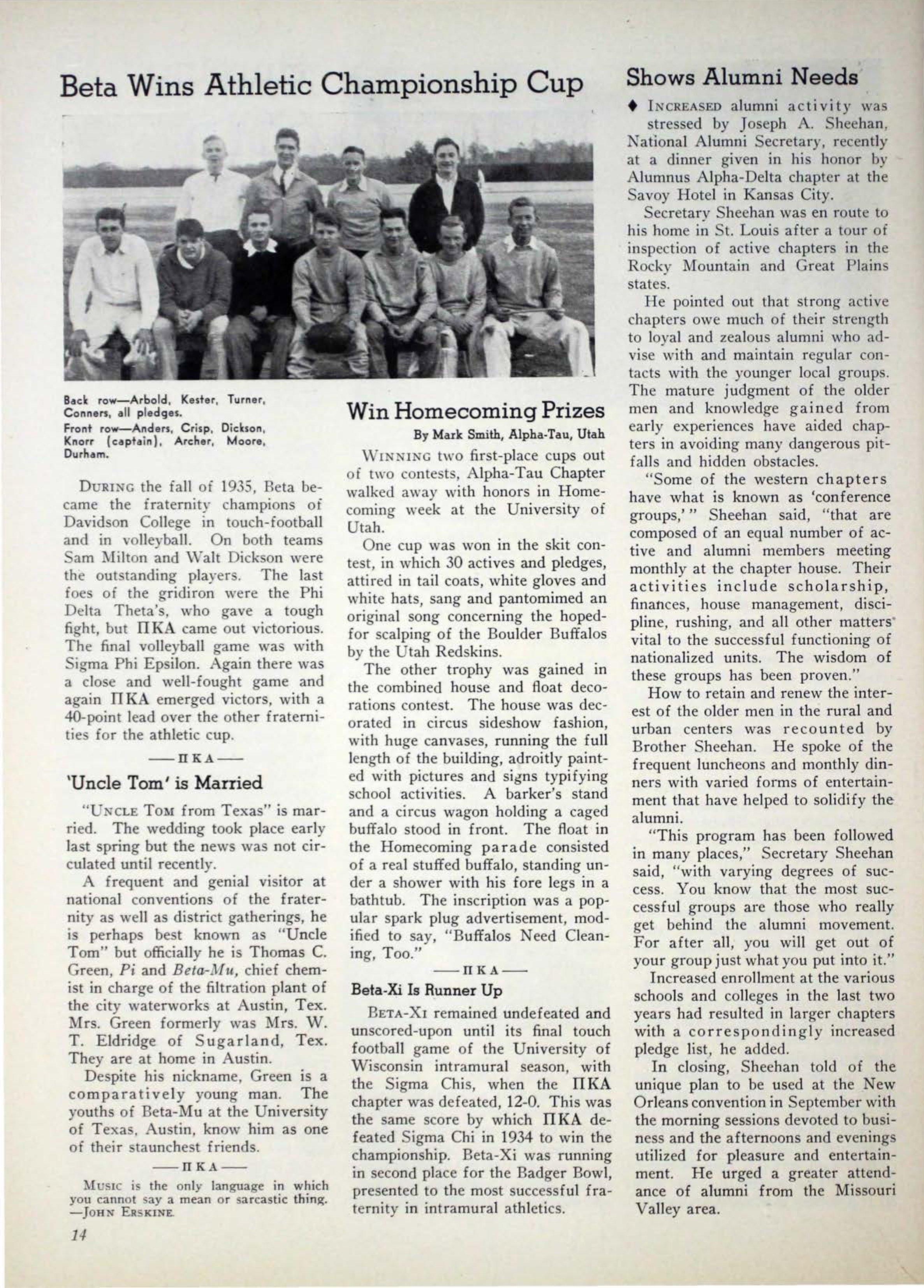 Shows Alumni Needs, April 193g